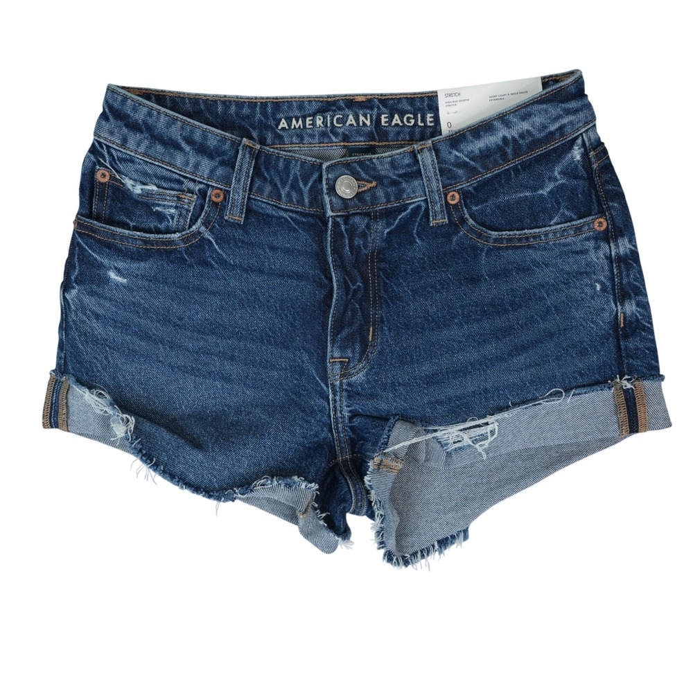 American Eagle Denim Shorts 0 (28x2) High Rise Shortie Stretch Raw Hem Booty